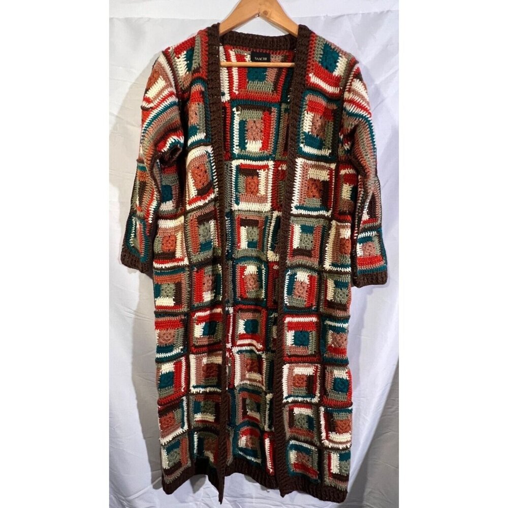 Saachi Knitted Granny Square Crochet Kimono Cardigan Sweater Boho Patchwork S